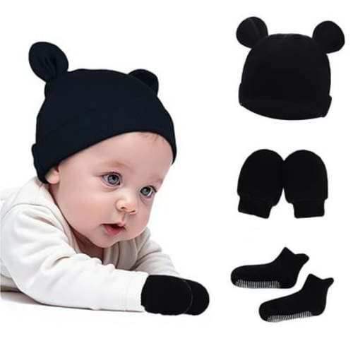 Yabanana Newborn Fetal Hat Scratch Resistant Gloves Foot Cover Baby Hat Hand and Foot Cover Baby Hat for 0-6 Months, Black