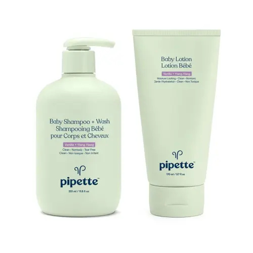 Pipette Vanilla + Ylang Ylang Baby Shampoo + Wash and Baby Lotion Duo, Clean, Tear-Free Bath Time, Sulfate-Free, Paraben-Free, Silicone-Free, Sensitive Skin, Hypoallergenic, Non-Toxic