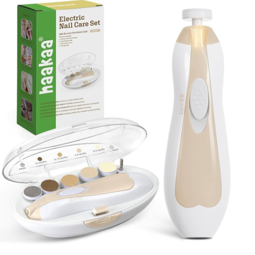 haakaa Baby Nail Care Electric Baby Nail File Kit with LED Light, Baby Nail Clippers for Newborn/Infants/Adults Toenails and Fingernails, 6 Replacement Heads & Storage Case, Acorn