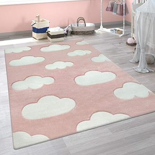 Modern Kids Rug with Clouds in Pink Pastel for Nursery, Size: 3'11" x 5'7"