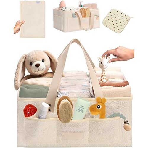 Baby Diaper Caddy Organizer with Portable Changing Mat and Heart Burp Cloth - Teddy Fleece Diaper Organizer for Changing Table - Baby Basket for Diaper Changing Essentials - Beige