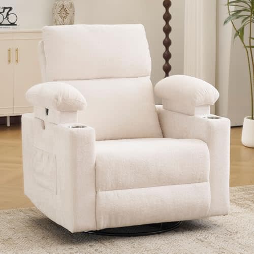 Rocking Chair Nursery with Adjustable Armrests, Electric Glider Recliner Nursing Chair for Breastfeeding, Power Swivel Recliner Chairs with Massage and Heat, Adjustable Headrest , FSC Certified, White