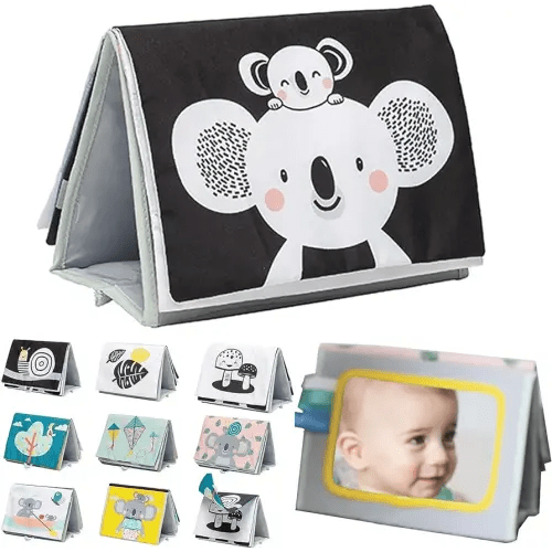 Tummy Time Toys High Contrast Baby Book. Fun, Interactive Crinkle Books for Babies with Baby Tummy Time Mirror & Soft Koala Teether - Baby Tummy Time Book by Taf Toys