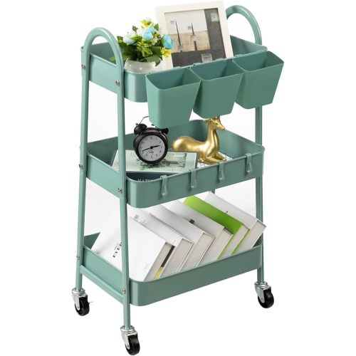danpinera 3-Tier Rolling Cart, Metal Rolling Storage Cart with Lockable Wheels & Hanging Cups & Hooks, Mobile Trolley Cart for Kitchen, Bathroom, Office, Workshop, Gray