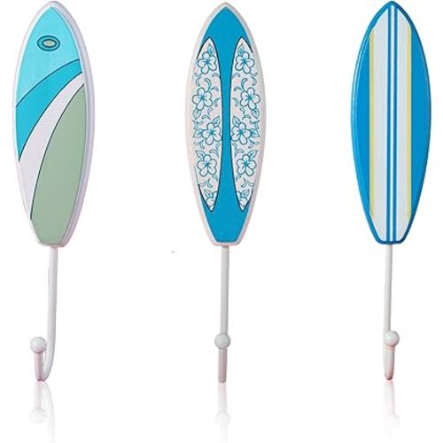 Tumbler Home Tropical Surfboard Wall Hooks – Set of 3 – Blue/Green/White Theme – 9” Tall