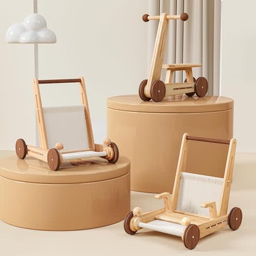 Woodtoe Wooden Baby Walker, 4-in-1 Montessori Baby Push Walker, Adjustable Speed Baby Push Toys, Wood Balance Bike, Educational Learning to Walk Birthday Toys Gift for Toddler 1 2 3 Year Old