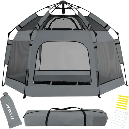 Pop Up Playpen for Babies with Canopy & Safety Lock - Outdoor Baby Playpen with 6 Ground Stakes & 6 Sand Stakes, UV Protection & Carry Bag, Instant Beach Tent for Indoor/Outdoor Use(Grey)