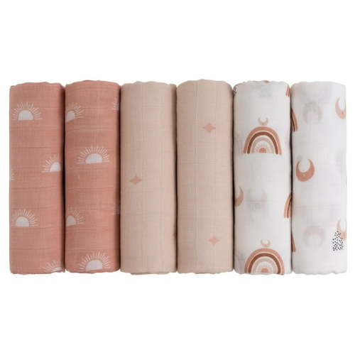 Gllquen Baby Muslin Organic Cotton Swaddle Blankets 6-Pack for Newborn Infant Girls and Boys, Sun and Moon