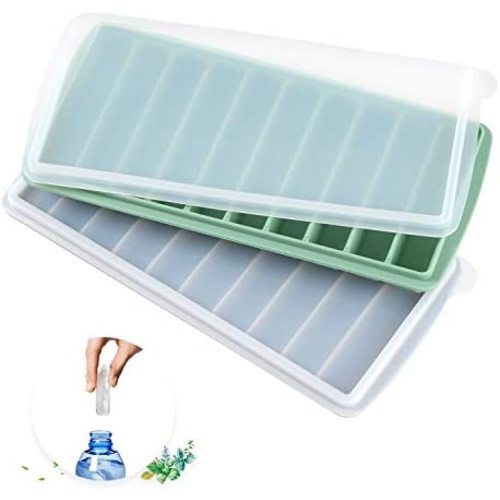 Silicone Narrow Ice Stick Cube Trays with Lids, Easy Push and Pop Out Material, Ideal for Sports and Water Bottles,Green and Gray