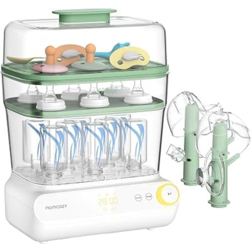 Momcozy 3-Layers Large Capacity Bottle Sterilizer and Dryer, Pump Part Mode | 11-Bottles Capacity, Fast Sterilize and Dry, Breast Pump Parts Rack Included, for Busy Parents