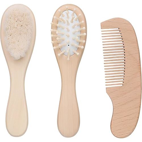 Baby Bath Grooming Kit Natural Wooden Hairbrush with Gentle Goat Bristles, Pear Wood Comb, and Soothing Massage Brush for Babies, Toddlers, and Kids