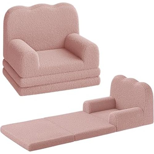 GarveeHome Kids Couch, 2-in-1 Comfy Toddler Couch Fold Out, Convertible Sofa to Lounger Foam Kids Chair with Soft Sherpa, Gift for Girls and Boys (Pink)
