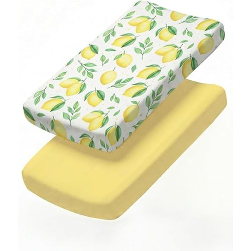Changing Pad Cover - Pack of 2 Soft Unisex Diaper Change Microfiber Table Sheets - Fits 32"x16" Contoured Pad - Changing Pad Cover for Baby Boys and Girls - Snug, Machine Washable - Oeko-Tex, Lemons