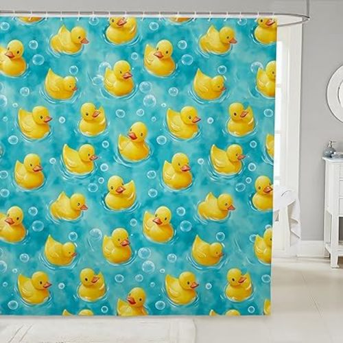 Erosebridal Funny Duck Shower Curtain Set,Yellow Rubber Duck Bathroom Curtain for Kids Boys Girls, for Pet Lovers Duck Bathroom Set,Cartoon Animal Print Fabric Shower Curtain 72" Wx72 L