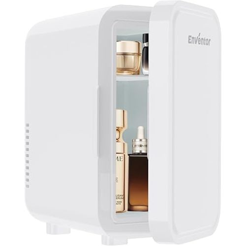 Enventor Mini Refrigerator, 6L/ 8 Can Compact Skincare Fridge AC+DC Power Cooler & Warmer Small Refrigerator for Bedroom, Skincare, Makeup, Cosmetics, Car, Office (White)