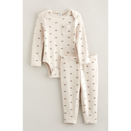 Bear Print Long Sleeve Cotton Bodysuit & Leggings Set, Newborn