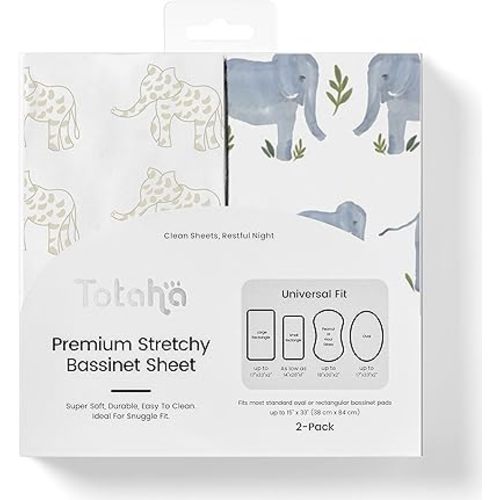 TotAha Premium Stretchy Bassinet Cradle Sheets (2-Pack) -Hypoallergenic, Silky Comfort, Buttery Soft, Calming Effect, All-Season Jersey-Knit Sheets,32 X 16 X 3''(Belgian & Blue Painted Elephant)