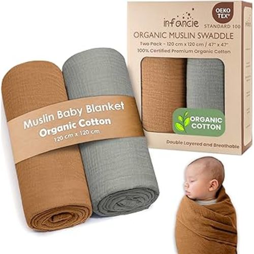Organic Cotton Muslin Baby Blanket - 47x47 Inch Breathable Swaddle, Hypoallergenic Double-Layer, Versatile Use (Gold/Sage)