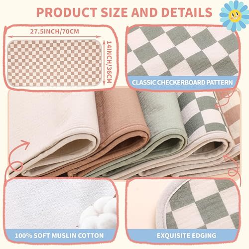 5 Pcs Muslin Waterproof Changing Pad Liners, 27.5 x 14 Inches Washable Changing Pad Liners Cotton Change Mat Checkerboard Colorful Reusable Change Pads Covers for Baby