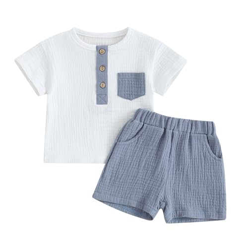 fhutpw Baby Boy Summer Outfits Henley Shirt Soft Pocket Short Sleeve Tops & Shorts Sets Infant 3 6 12 18 Months 2T Clothes