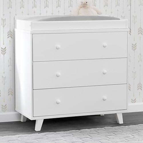 Delta Children Ava 3 Drawer Dresser with Changing Top and Interlocking Drawers - Greenguard Gold Certified, White - Dresser + Changing Top +Interlocking