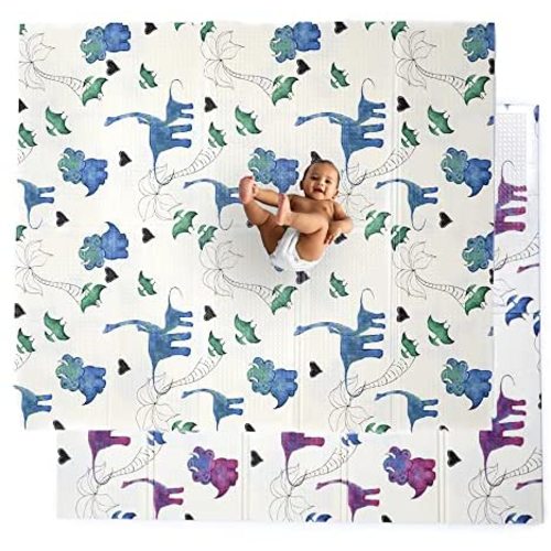 JumpOff Jo - Large Waterproof Foam Padded Play Mat for Infants, Babies, Toddlers, Play & Tummy Time, Foldable Activity Mat, 70 in. x 59 in. - Tiny Dinos