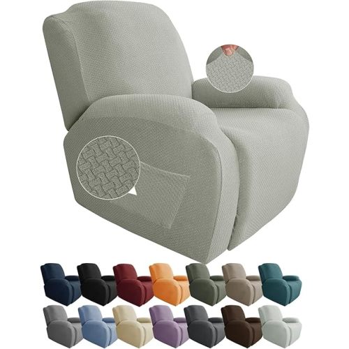 JIVINER 4-Piece Recliner Chair Covers Stretch Jacquard Covers for Reclining Chair Recliner Slipcovers for Living Room Soft Recliner Protector with Pocket (Recliner, Ivory)