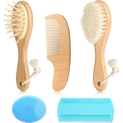Wooden Natural Goat Bristle Brush and Cradle Cap Comb Set - 5 in 1 Baby Grooming Kit for Newborns, Toddlers, Boys, and Girls (Blue)