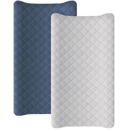 Konssy Waterproof Muslin Changing Pad Cover 2 Pack, Quilted Cotton Fitted Diaper Changing Table Cover, Soft Changing Pad Sheets for Girls Boys (Navy,Cream)