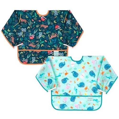 Bumkins Sleeved Bib for Girl or Boy, Baby and Toddler for 6-24 Mos, Essential Must Have for Eating, Feeding, Baby Led Weaning Supplies, Long Sleeve Mess Saving Food Catcher, Soft Fabric, Floral Gray