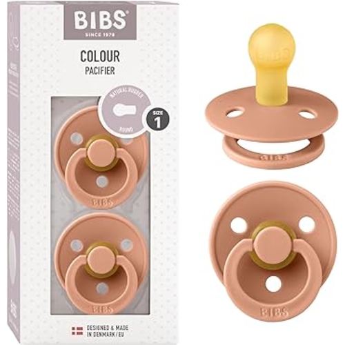 BIBS Pacifiers | Natural Rubber Baby Pacifier | Set of 2 BPA-Free Soothers | Made in Denmark | Peach | Size 0-6 Months