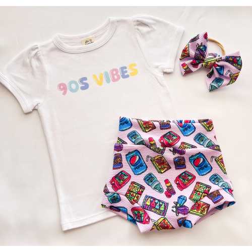 Baby Girl Toddler retro 90s SNACKS Shirt/onesie Bummies Nylon Bow set 0-3 mos-4t Shorties Headband diaper cover Birthday Gift Candy SODA