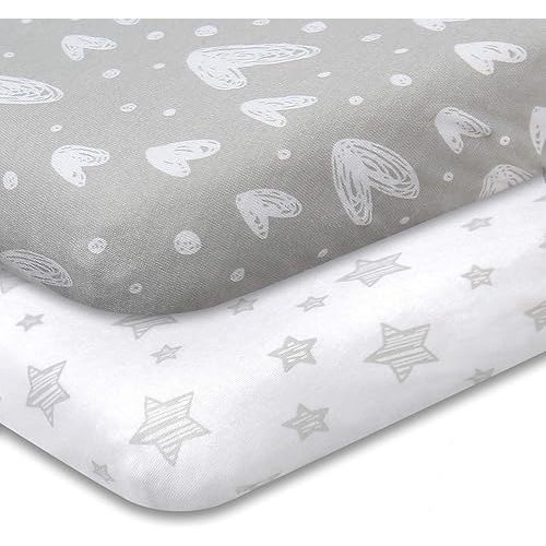 Biloban Pack and Play Fitted Sheets 2 Pack, 100% Natural Cotton Jersey Knit Fitted for Pack and Play Playard, Soft Breathable, Preshrunk, Gray Stars