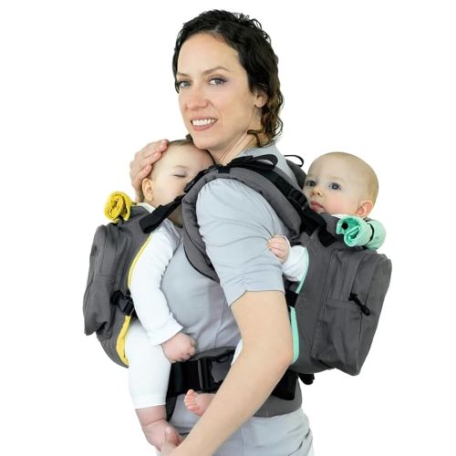 TwinGo Carrier Original Model (Grey, Green & Yellow) - Fully Adjustable Twin Baby Carrier and Separates into 2 Single Carriers for Men, Woman, Twins and Babies 10-45 lbs, Size XS-XXL