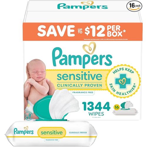 Pampers Baby Wipes, Sensitive, Water Based Wipe, Clinically Proven, Hypoallergenic, and Unscented for Babies, 1344 Wipes Total (16 Flip-Top Packs) [Packaging May Vary]