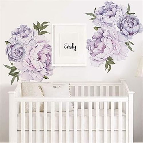 ROFARSO DIY Watercolor Flowers Wall Stickers Purple Peony Green Leaves Vinyl Removable Peel and Stick Wall Decals Art Picture Decorations Decor for Teens Girls Bedroom Living Room Murals