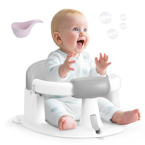 Baby Bath Seat Baby Bathtub - with Strong Suction Cups and 360° Surround Support – Easy Release, Non-Slip Cushion, Lockable Armrests – Infant Bath Chair for Babies 6-24 Months, Grey