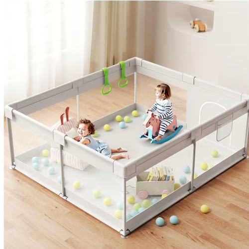 ZEEBABA 69×59in Baby Playpen, Large Playpen for Babies and Toddlers, Transparent Mesh, No-Tool Installation, Gray with Door, Sturdy Steel Frame, Separates Baby from Pets