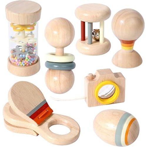 WODI Wooden Baby Toy 7pcs, Montessori Toys for Babies 0-3-6-12 Months, Toddler Hand Wooden Rattles Toy Set for Infant Grasping with Storage Bag, Sensory Development, Gift for Baby Boys Girls