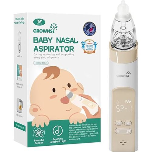 GROWNSY Nasal Aspirator for Baby, Electric Baby Nose Sucker, Automatic Nose Cleaner with Larger Suction Chamber and More Powerful Suction, Music and Light Soothing Function, Beige