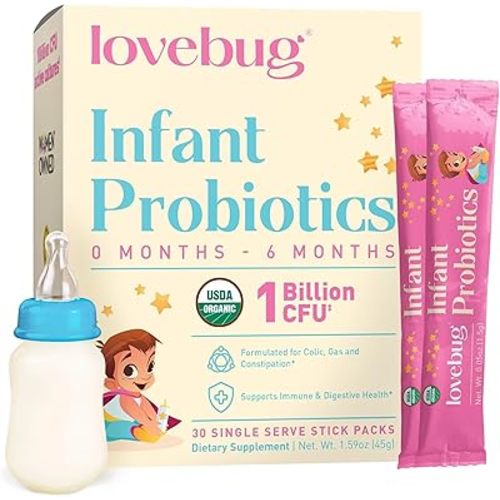 Lovebug Infant Probiotics 0-6 Months - USDA Organic Probiotics for Babies, Supports Baby Gas, Colic, Reflux, Diarrhea and Newborn Constipation Relief, Allergen & Sugar Free, Tasteless Powder, 30 Pack