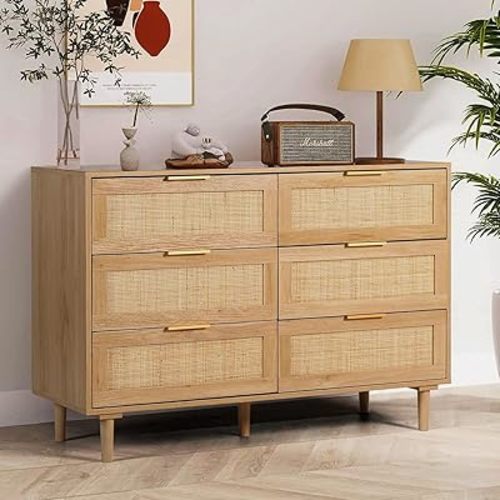 6 Drawer Dresser Rattan Dresser Modern Chest with Drawers,Wood Storage Closet Dressers Chest of Drawers for Bedroom,Living Room,Hallway (Natural)