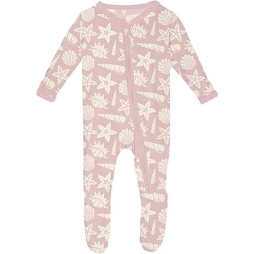 KicKee Print Footie with Zipper, Fitted Long Sleeve Pajamas, Ultra Soft Everyday One-Piece Loungewear, Baby and Kid Clothes for Boys and Girls (Baby Rose Shells & Starfish - 12-18 Months)
