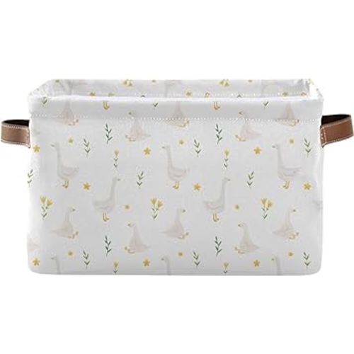 xigua Goose Bird Twig Storage Basket Foldable Storage Bin, Canvas Rectangular Storage Basket with Leather Handles for Home Closet & Office Decoration