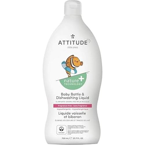 ATTITUDE Baby Dish Soap and Bottle Cleaner, EWG Verified Dishwashing Liquid, No Added Dyes or Fragrances, Tough on Milk Residue and Grease, Vegan, Unscented, 23.7 Fl Oz