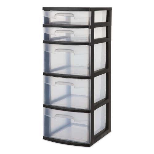 Sterilite 5-Drawer Plastic Storage Tower, Dresser, Black with Clear Drawers