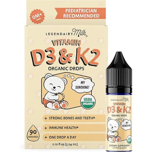 Legendairy Milk Organic Baby Vitamin D3 K2 Liquid Drops, 400 IU of Baby Vitamin D Drops for Infants with K2 Drops, Vitamin D Drops for Newborns, Toddlers, and Kids, Vegan, 90 Drops Liquid