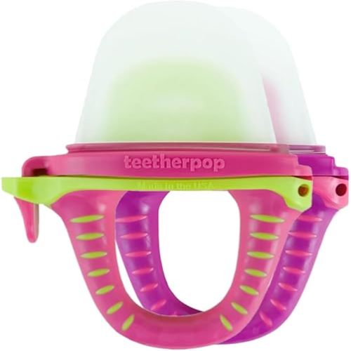 Teetherpop Fillable Silicone Teether for Babies – Breastmilk Popsicle Molds for Teething with Spill-Proof Sippy Slits – Freezable Baby Teethers for Liquids & Purées - Cool Relief (PinkLimon & Fuchsia)