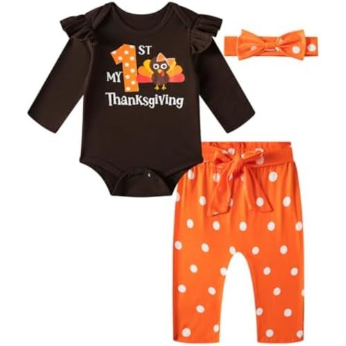 Baby Girl My First Thanksgiving Outfits Romper Polka Dot Pant Set with Headband