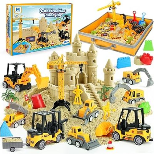 Sand Construction Site Kit - 37 Pcs Play Sand Art Kit with 8 Construction Trucks, Folding Sandbox, 2.2 lbs Magic Sand, Crane, Worker, Road Signs, Molds, Shovel - Ideal Toys for Boys Girls Age 3+
